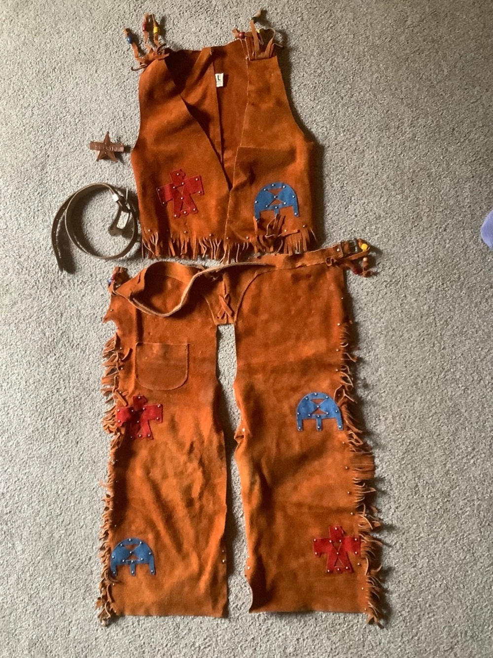 L 10-12 Vintage 80’s Child’s Suede Cowboy Costume Vest Chaps Disney Halloween